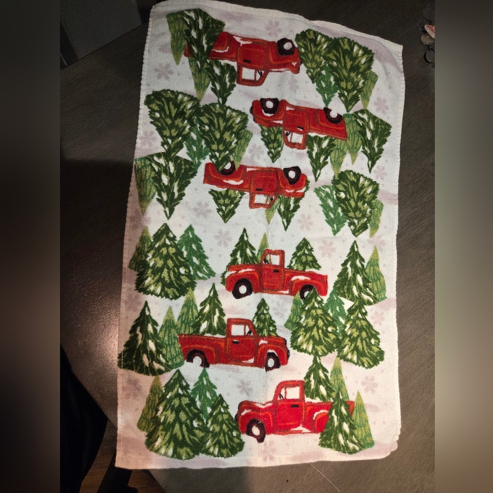 Festive Red Truck and Green Tree Holiday Kitchen Towel Or Bathroom Hand Towel